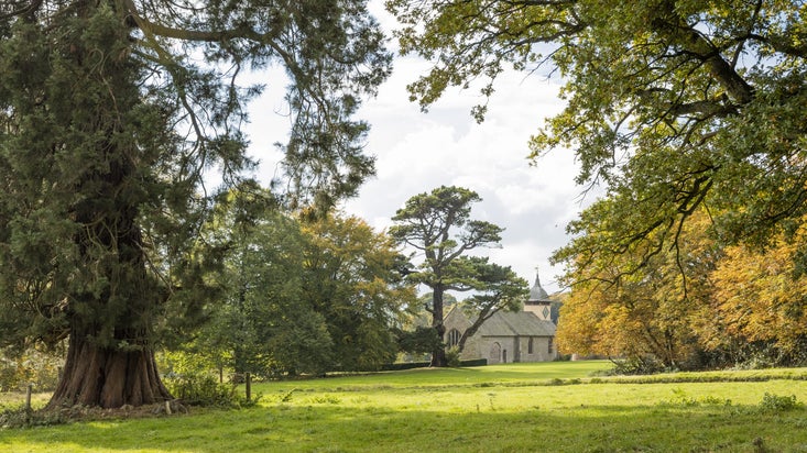 An old church framed by trees, St Michael and All Angels, Croft Castle, Herefordshire